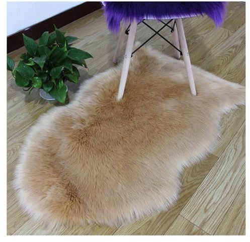 Hrlace Alfombra de piel de oveja sintética de piel de cordero, pelo largo, suave, mullida, de imitación, para cama, sofá, silla, dormitorio, marrón, 65 x 100 cm