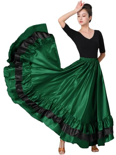 SANCAN Women's Green Long Mexican Folkloric Flamenco Dance Skirt with Ruffles for Party Class Performance Full Dancing Circle (Black)
