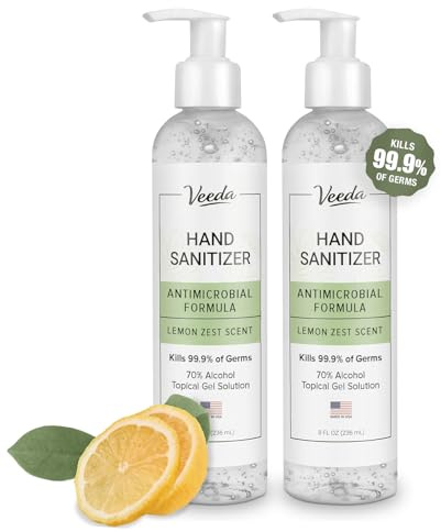 Veeda Scented Hand Sanitizer with Lemon Zest Scent - Moisturizing Clear Gel with Vitamin E & Antimicrobial Formula- Contains 70% Ethyl Alcohol - Hand Sanitizer Travel Size, Made in USA (2 x 8 oz. fl)
