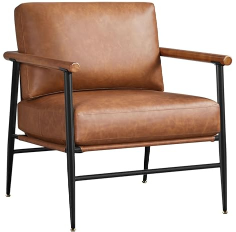 Yaheetech PU Leather Accent Chair, Modern Lounge Chair Vanity Chair Living Room Chair with Back Pillow Wooden Arms Metal Frame for Bedroom Waiting Room, Retro Brown 1