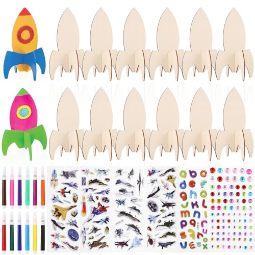 Goxiry Fusées en Bois 12 Pièces Fusée Jouet pour Enfants Inachevé Fusée à Peindre Kit de Bricolage pour Cadeau Anniversasire Fête Loisirs Créatifs et Décorations des Enfants