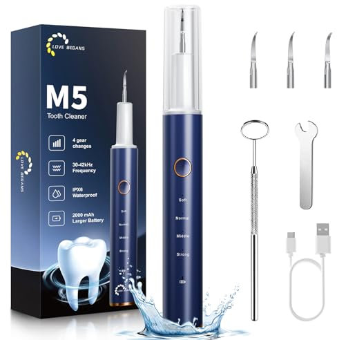 Zahnsteinentferner Zahnreinigungs Set Elektrische Zahnreinigung Set Ultraschall Zahnbürste für Pflege von Zahn Zu Hause mit 4 Einstellbare Modi und 4 Austauschbare Reinigungsköpfe, Blau