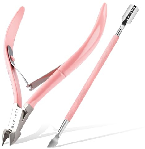 Makartt Cuticle Trimmer with Cuticle Pusher - Stainless Steel Cuticles Nipper with Dual Spring, Ergonomic Handle, 7mm Blade & Dual-Ended Pusher for Nail Care & Gel Removal, Pink