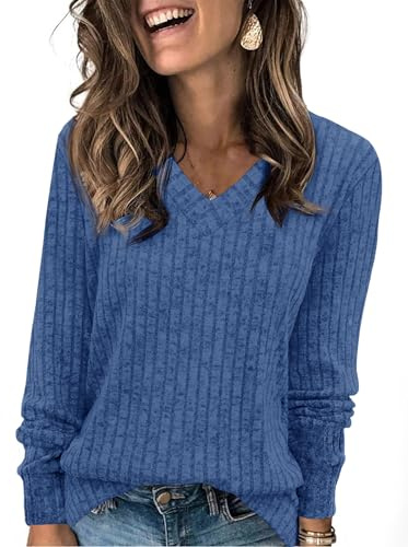 Fisoew Maglione Leggero a Maniche Lunghe con Scollo a V da Donna Elegante Pullover in Maglia a Costine Felpa, Blu, XL