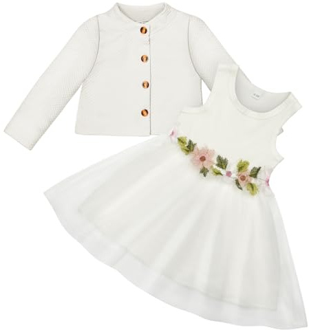 Vicloon Baby flicka klänning och kofta set, 2 delar blommig tryck ärmlös klänning och långärmad kappa för små flickor för födelsedag, fest, bröllop, semester