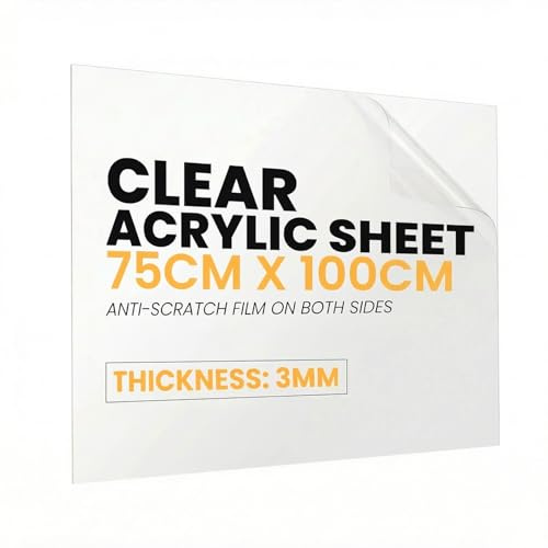 NOVECRAFTO Clear Perspex Sheet, Clear Acrylic 3mm, 750x1000mm, Single Sheet | Plexiglass sheet for shed windows, greenhouse glass replacement, signs and displays; rigid transparent panel for DIY crafts