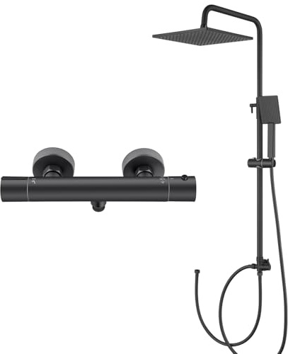 Auralum Grifo de ducha con termostato negro, sistema de ducha con ducha de lluvia cuadrada (25 × 25 cm), alcachofa de mano, termostato y barra de ducha ajustable en altura