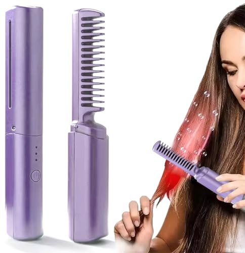 Ceramic Hairdressing Comb 2 in 1 Mini Portable Cordless Hair Straightener Brush Smooth & Frizz-Free Hair Anytime USB Rechargeable for Women 7.3 inch, Purple