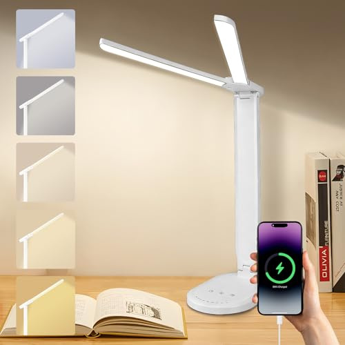 vsshe Lampada da Tavolo LED, Lampada da scrivania doppia testa, lampadas da comodino pieghevole con porta USB, 5 Modalità di Luce e 9 Livelli di Luminosità, Tocca Controllo,Time e Memoria,Per Ufficio