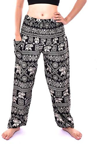 Bohotusk Kids Bohemian Harem Pants Smocked Elasticated Waist Hippy Boho Style | Childrens Hippie Festival Trousers | Donation Made to Elephant Sanctuary (Black Elephant Print, 6-8 Years)