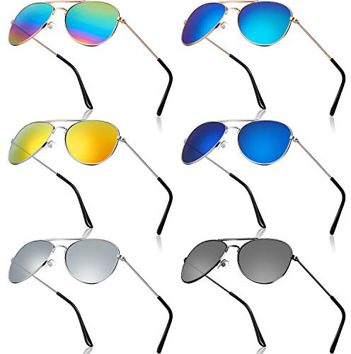 Frienda 6 Pairs Kids Pilot Sunglasses for Boys Girls 70's Metal Neon Mirror Polarized Sunglasses with Metal Frame Great Gift for Party Summer Outdoor 4.72 x 5.1 Inch