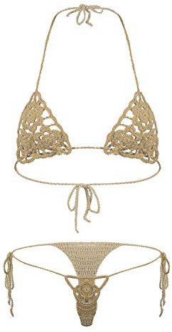 YOOJIA Maillots de Bain Femme Sexy 2 Pièces Micro Bikini Femme Micro String Bikini Transparent Sling Shot G-String Thong String Mini Bikini Plage Piscine Natation Beige B M