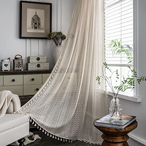 USTIDE Beige Rustic Curtain Cotton Crochet Curtain Chic Vintage Drape Rod Pocket Lace Macrame Curtains for Kitchen,Dining Room,Living Room,59 W×87 L