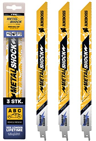 AMBOSS METAL SHOCK - 3x Säbelsägeblatt Länge 300 mm / 8 ZpZ - ideal für Abriss/Fahrzeugrettung/Aufbau/Demontage/Rohrleitungsbau - geeignet für Stahl (Rohre/Profile/Träger) sowie Gussrohre
