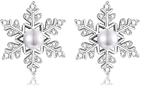 LYTOPTOP Boucles d'oreilles en forme de flocon de neige pour femmes et filles, 18 carats plaqué or blanc, perles de Noël, clous d'oreilles en argent hypoallergénique, cadeaux de neige, d'hiver et de