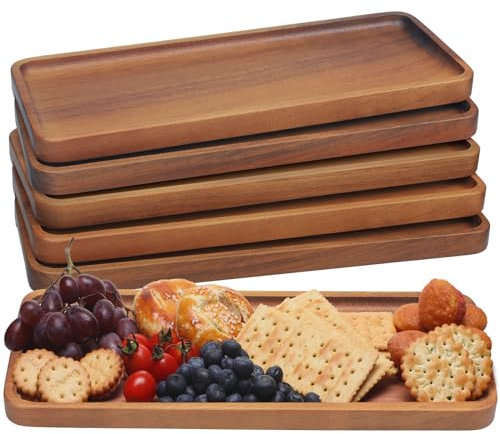 HOMKULA Acacia Wood Serving Platters and Trays - 14 x 5.5 Wooden Mini Charcuterie Boards, Small Cheese Board, Rectangle Wooden Tray for Kitchen Counter, Bathroom, Home Decor, Party, 6 Pack