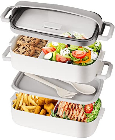 Boîte à bento pour adultes, boîte à bento empilable avec 2 compartiments,set d'ustensiles inclus, boîte à bento étanche,boîte à bento sans danger pour le micro-ondes et le lave-vaisselle,1600ML blanc