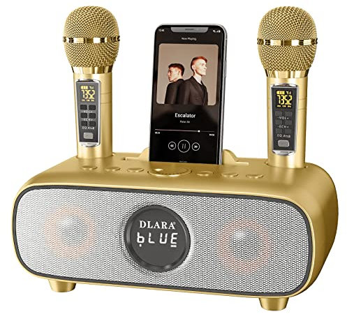 DLARA Upgrade Karaoke Maschine für Erwachsene und Kinder, tragbares Bluetooth 2 UHF drahtloses Karaoke Mikrofon mit Halterung/USB/TF-Karte/AUX-in, PA-Lautsprechersystem für draußen/drinnen-Gold