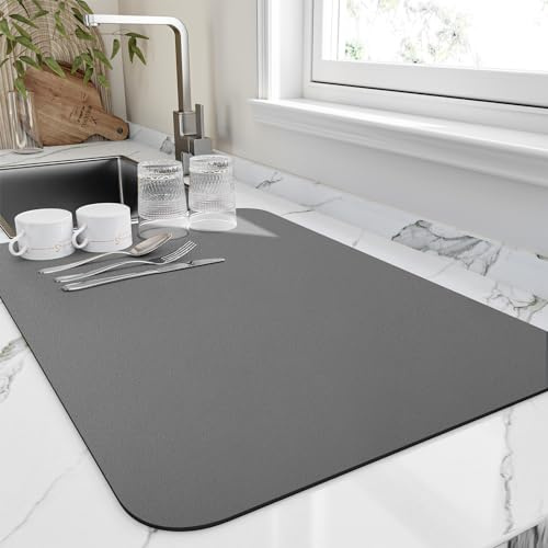 HotLive Dish Drying Mat for Kitchen Counter, Heat Resistant Drainer Mats with Non-slip Rubber Backed, Hide Stain Kitchen Super Absorbent Draining Mat, Easy to Clean Dish Rack Pad, Dark Grey 18x24