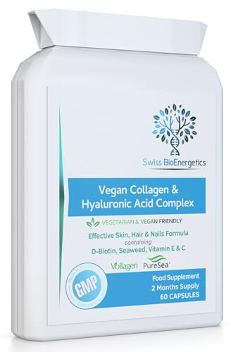 Vegan Collagen & Hyaluronic Acid Complex - 60 Capsules - Effective Skin, Hair & Nails Formula with 500mg of Vollagen in The Exact Amino ratios of Human Collagen - D-Biotin, Seaweed, Vitamins E&C