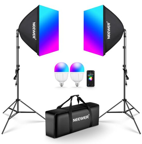 NEEWER RGB Kit de Iluminación Softbox con Control de App y 9 Modos de Efecto,2 Pack 24W Bombillas LED CRI93+ TLCI98+ Certificadas CE/UKCA,Casquillo E27,Softboxes 24,para Luz Fotografía Estudio,NK800