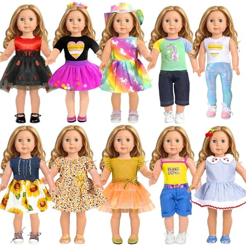 American 18 inch Doll Clothes Accessories, 18PCS Doll Clothes Outfit Dress for 18 inch, Valentine's Gift for Girls(10 Set)