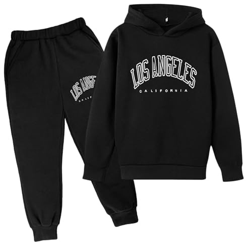 Enfants Casual Lettre Imprimé Manches Longues Sweat à Capuche Pull Sweatshirt Survêtement Jogging Pantalon Unisexe 2 PC Ensemble de Survêtement Garçons, Noir, 11-12 Ans