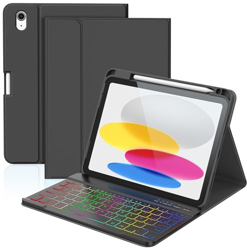 KBCASE Coque Clavier pour iPad A16 11/10 Ème Generation (11 Pouces 2025/10.9 Pouces 2022) Étui Keyboard Bluetooth pour iPad 10eme/11eme avec 7 Couleurs Rétroéclairées,Porte Crayon,AZERTY Français,Noir