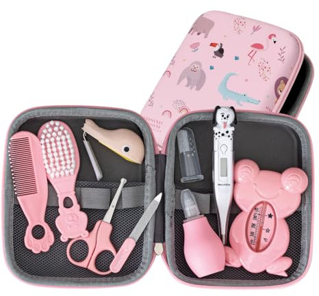 PLIC CARE - Trousse de Soin Bébé Rose – Dès la Naissance – 9 Essentiels de Soin – Thermomètre Rectal, Thermomètre de Bain, Peigne, Brosse, Lime, Mouche Bébé… - Kit Complet de Puériculture