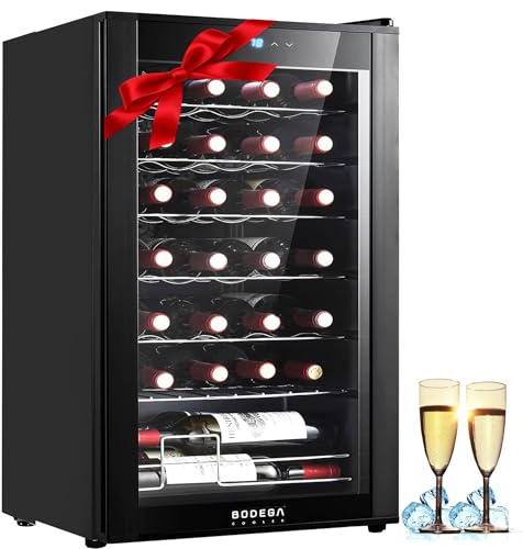 BODEGACOOLER 28 Bottle Mini Fridge with Child Lock, 2.9 Cu.Ft Small Refrigerator for Office, Bedroom and Dorm, Wine Cooler with Double-layer Glass Door and Digital Temperature for Wine & Champagne