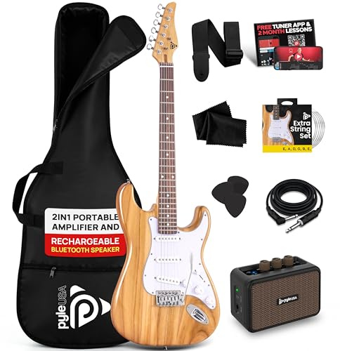 Pyle kit guitarra electrica con amplificador bluetooth portatil, Tamaño completo, Pastillas Humbucker estilo ST, Accesorios incluidos: esctuche, Correa, Cuerdas, Puas, Paño de Limpieza