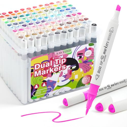 SAVZJSD [Water-Based Ink] 120 Colors Dual Tip Markers Set, Brush & Chisel Double Tipped Art Markers for Artists Adults Beginners & Artists in Coloring, Painting