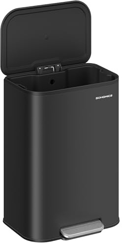 SONGMICS Kitchen Trash Can, 13-Gallon (50 L) Garbage Can with Lid, Stainless Steel, Soft Close and Stays Open, Inner Bucket, Wide Non-Slip Pedal, Ink Black ULTB547B01