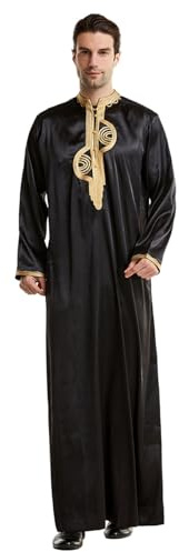 KRIPINC Kaftan Marocchino Ricamato, Abaya Uomo a Maniche Lunghe con Colletto Alto, Caftano Uomo con Tasca, Vestito Musulmano Uomo, Vestito Arabo Uomo, Abito di Preghiera Islamico Ramadan (Nero, L)