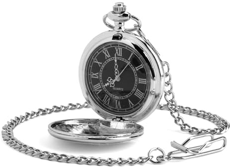 Pocket Watch for Men Quartz Pocket Watch with Black Dial and Chain Stylish Modern Men Pocket Fob Watches Vintage Steel Roman Numerals Classic Smooth Personalised Pocket Watch for Birthday Anniversary