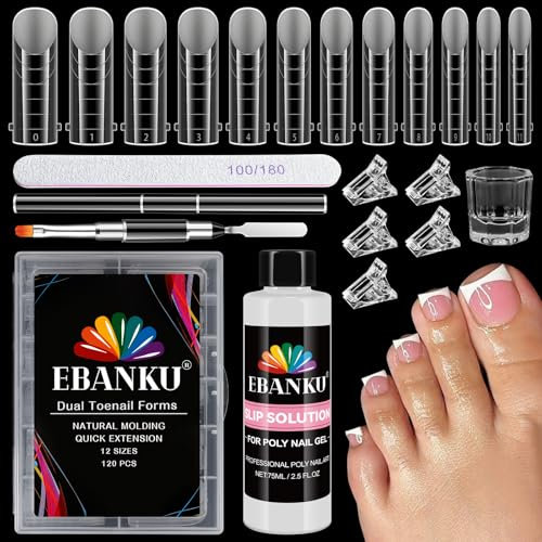 EBANKU 120PCS Unghie Finte Dual ToeNail Form con 75ml Slip Solution, Riutilizzabili Pedi Dual Form Kit Lunghe Quadrate Nail Form con Unghie Clip Pennello Polygel a Doppia Estremità e Lima Set