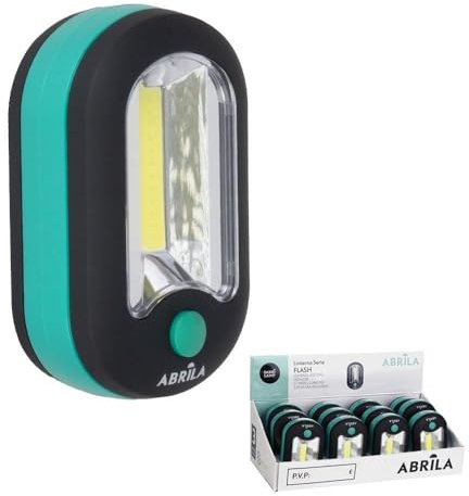 Linterna LED COB 200 lm, 9.5x6x3.5 cm, gancho e imán, 3xAAA incluidas, compacta, ideal para emergencias y actividades al aire libre.