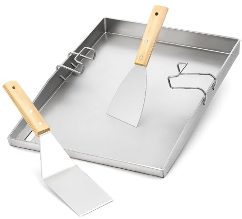 Youyijia Edelstahl Grillplatte Set– 30×40 cm Bratplatte mit abnehmbarem Griff & 2 Grillspatel-Set, 4 mm massivem Edelstahl - Plancha Grillzubehör für Gasgrill, Holzkohlegrill & Küche