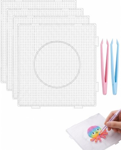 LEPJOS 4 Plaques Perles à Repasser Carrées Transparents (14,5 x 14,5 mm) avec 2 Pinces Précision, Support Rigide Antidérapant Compatible Hama pour Artisanat DIY Sécurisé