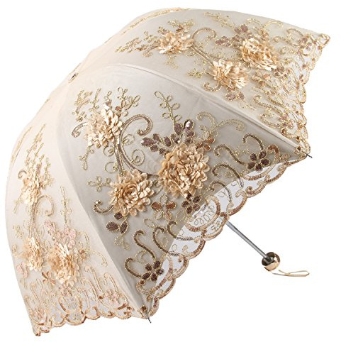 Honeystore Vintage Lace UV Sun Parasol Folding 3D Flower Embroidery Umbrella H1620 Yellow