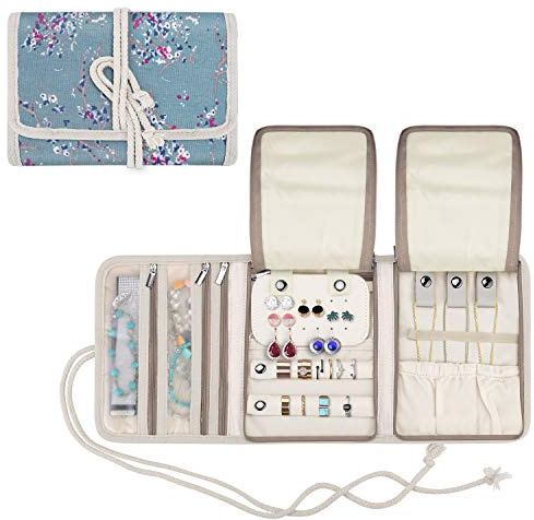 Teamoy Travel Jewelry Roll, Jewelry Storage Bag Organizer for Necklaces, Earrings, Bracelets, Rings, Brooches and More, Compact and Easy to Carry, Plum Flowers