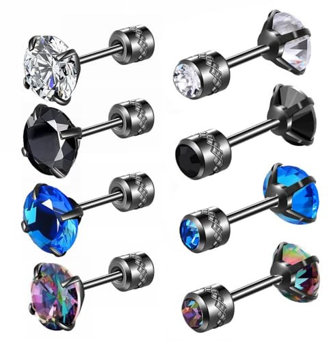 Hopply 4 Pairs Titanium Screw Back Surgical Stainless Steel Earrings for Women Men,Rainbow 5A Cubic Zirconia Studs Double Side Earrings Piercing Sleeper Jewelry 6mm