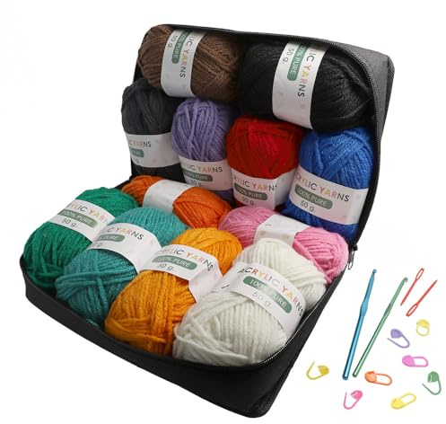 Kit de Hilos para Tejer con 12 Ovillos de Colores Variados, Estuche Portátil con Agujas de Crochet, Accesorios de Tejido y Lana para Manualidades, Bordado y Proyectos de Costura Creativos