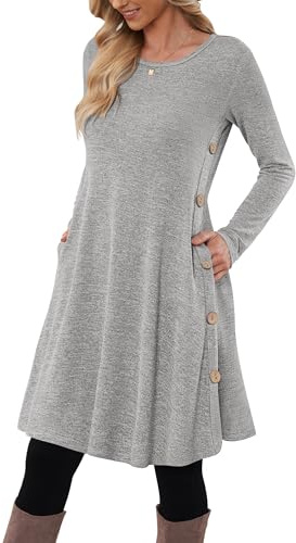 MOLERANI Robe à Manches Longues pour Femme Robe Tunique décontractée boutonnée avec Poches Blanc Gris XL