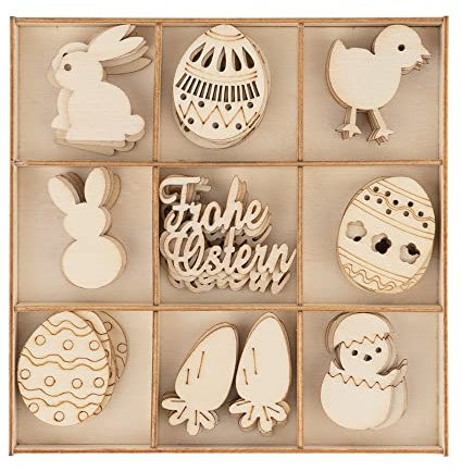 Ideen mit Herz Streu-Deko aus Holz | Frohe Ostern | Holz-Motive Frühling | Oster-Deko | Tisch-Deko | Inklusive Holz-Box | 9 versch. Designs, je 6 Stück | 54-teilig