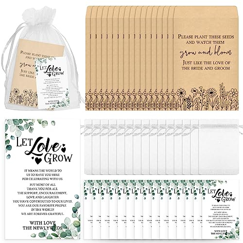 Ctosree 100 Set Wedding Favors for Guests Bulk Include 100 Pcs Self Adhesive Seed Packets Kraft Paper Seed Envelopes Let Love Grow Cards and Organza Gift Bags for Bridal Shower(Classic)