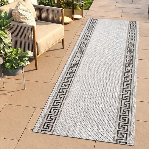 TAPISO Melissa Teppich Läufer Flur Outdoor Indoor Grau Schwarz Griechisch Mäander UV-beständig Wetterfest Terrasse Wohnzimme ÖKO-TEX 70 x 110 cm
