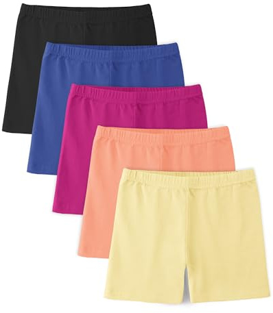 BOOPH 5 Pack Girls Bike Shorts Cotton Cartwheel Shorts for Dance & Under Dresses Black/Blue/Orange/Fuchsia/Yellow 7-8 Years