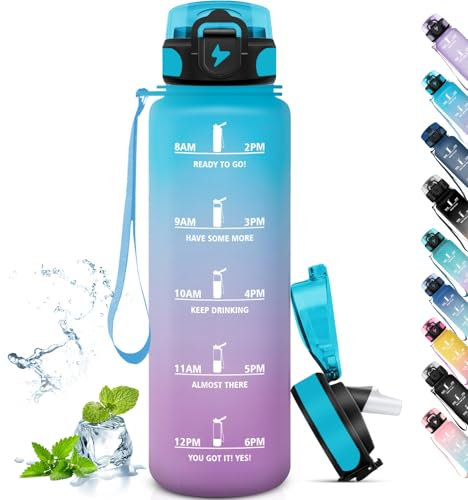 Grsta Sport-Trinkflasche 1l mit Strohhalm, Auslaufsicher für Fahrrad, Gym, Camping & Outdoor, Leicht zu Reinigen, Blau Lila