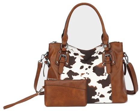 Aileese Womens Handbags Set Soft Leather Retro Vintage Designer Top-Handle Casual Pocket Ladies Tote Shoulder Bags Brown 2PC